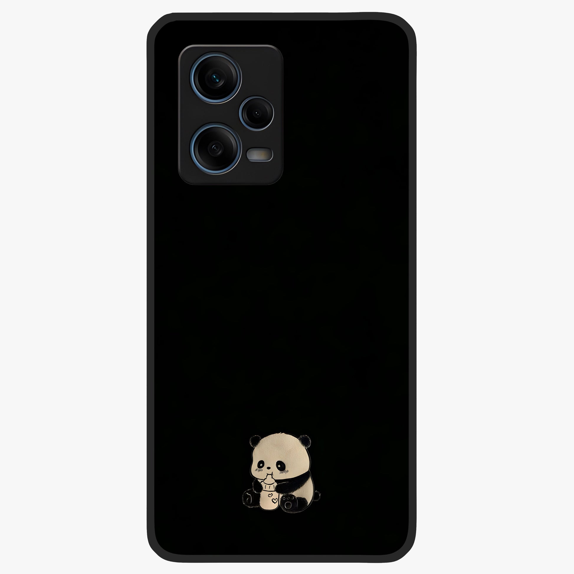 Midnight Panda Love Glass Case showing flat back view with cute panda themed artwork and glossy glass finish.