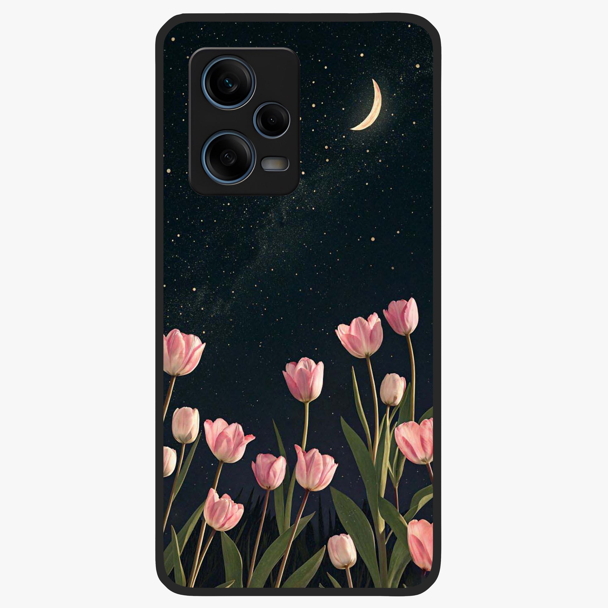 Midnight Tulip Whispers Vibe Glass Case showing flat back view with elegant tulip flower artwork and glossy glass finish.