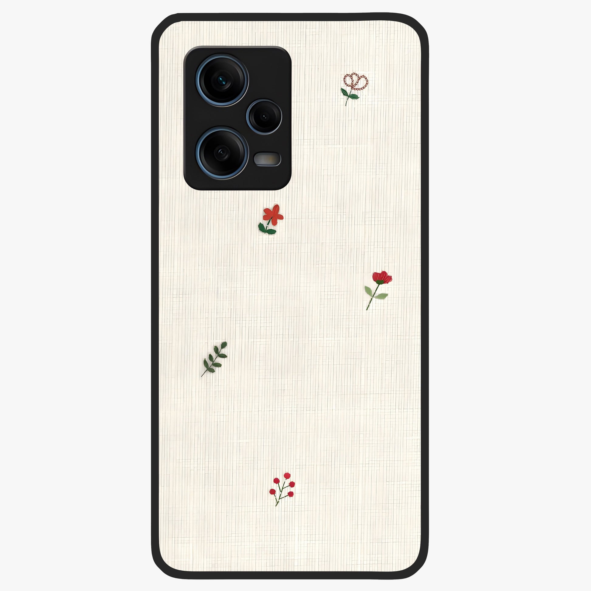 Minimal Petal Whispers Glass Case showing flat back view with soft minimal floral artwork and glossy glass finish.