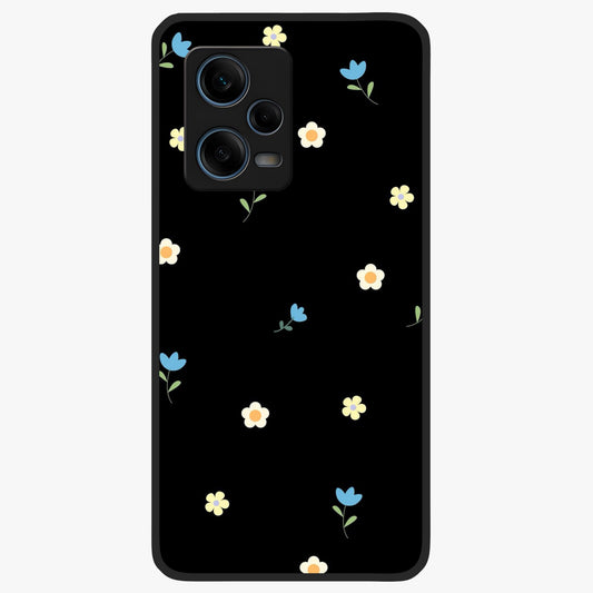 Minimalistic Blue With White Flower Pattern Glass Case showing flat back view with blue background and white flower pattern and glossy glass finish.