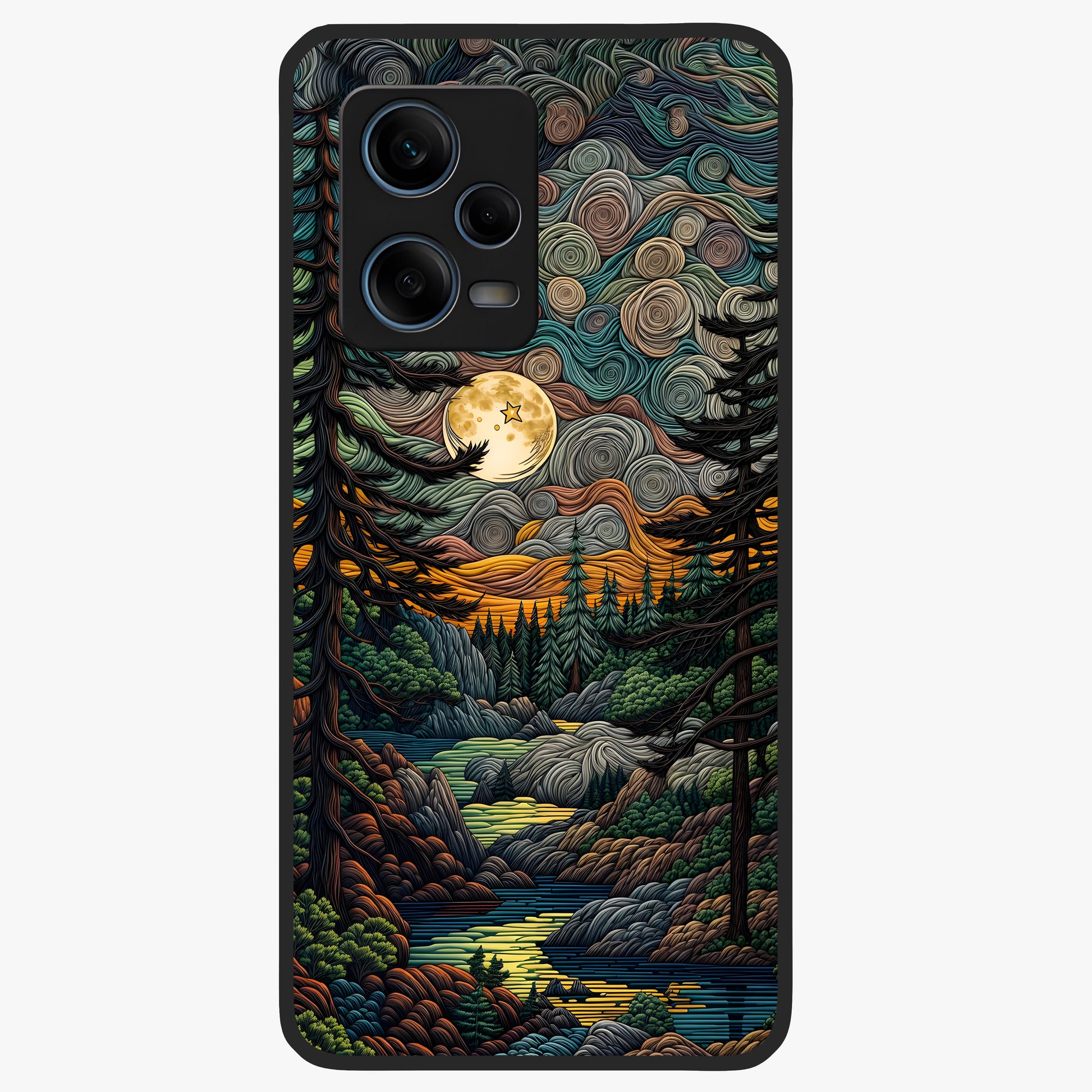 Moonlight Forest Dream Glass Case showing flat back view with mystical forest moonlight artwork and glossy glass finish.