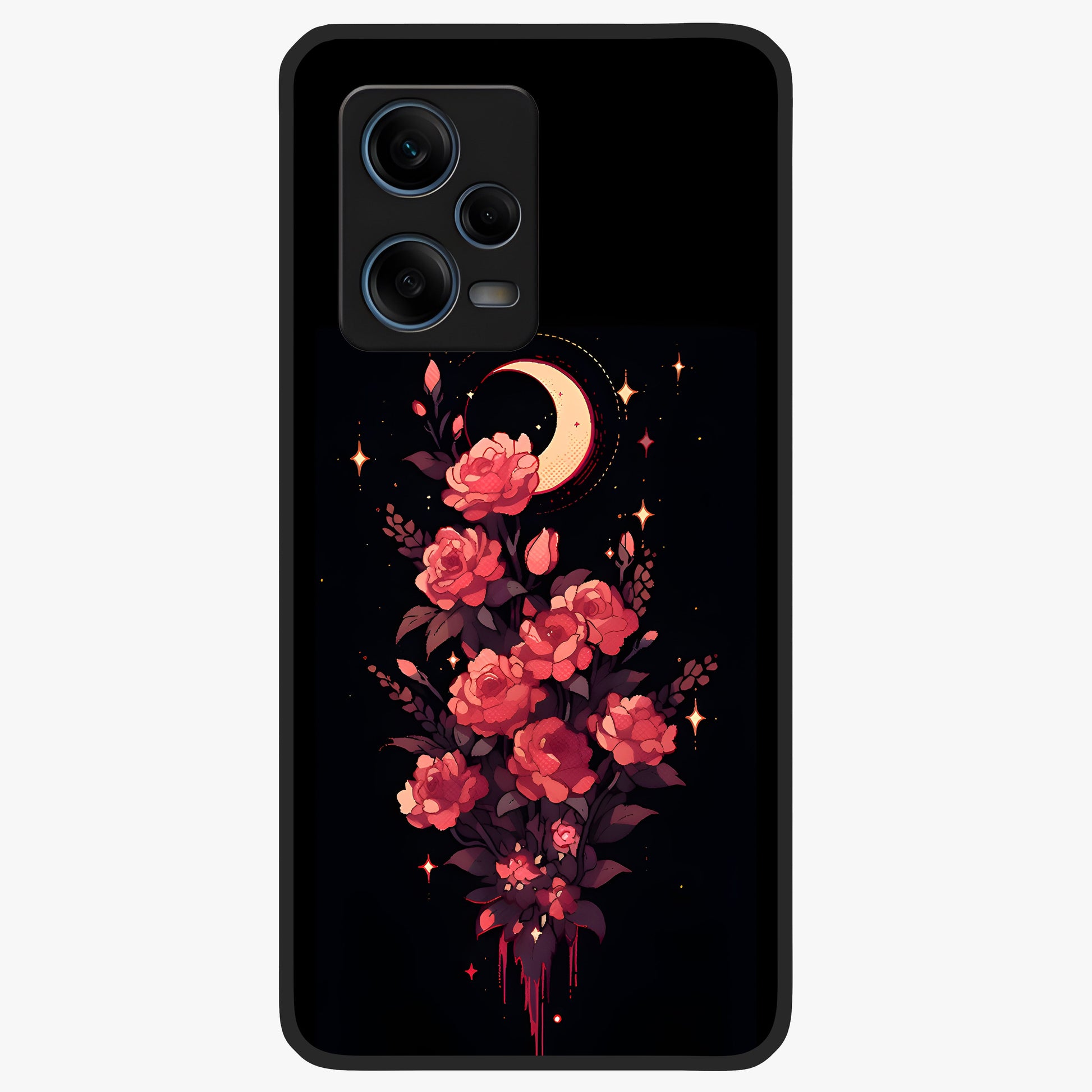 Moonlit Floral Elegance Glass Case showing flat back view with elegant floral artwork under moonlit tones and glossy glass finish.