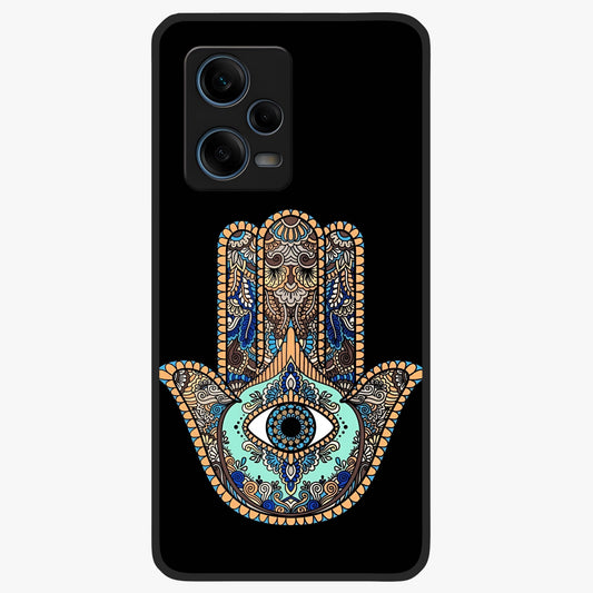 Mystic Hamsa Eye Glass Case showing flat back view with protective hamsa hand and evil eye artwork and glossy glass finish.