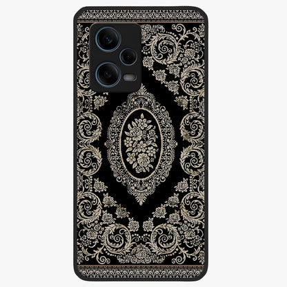 Noir Bloom Elegance Glass Case showing flat back view with elegant dark floral artwork and glossy glass finish.
