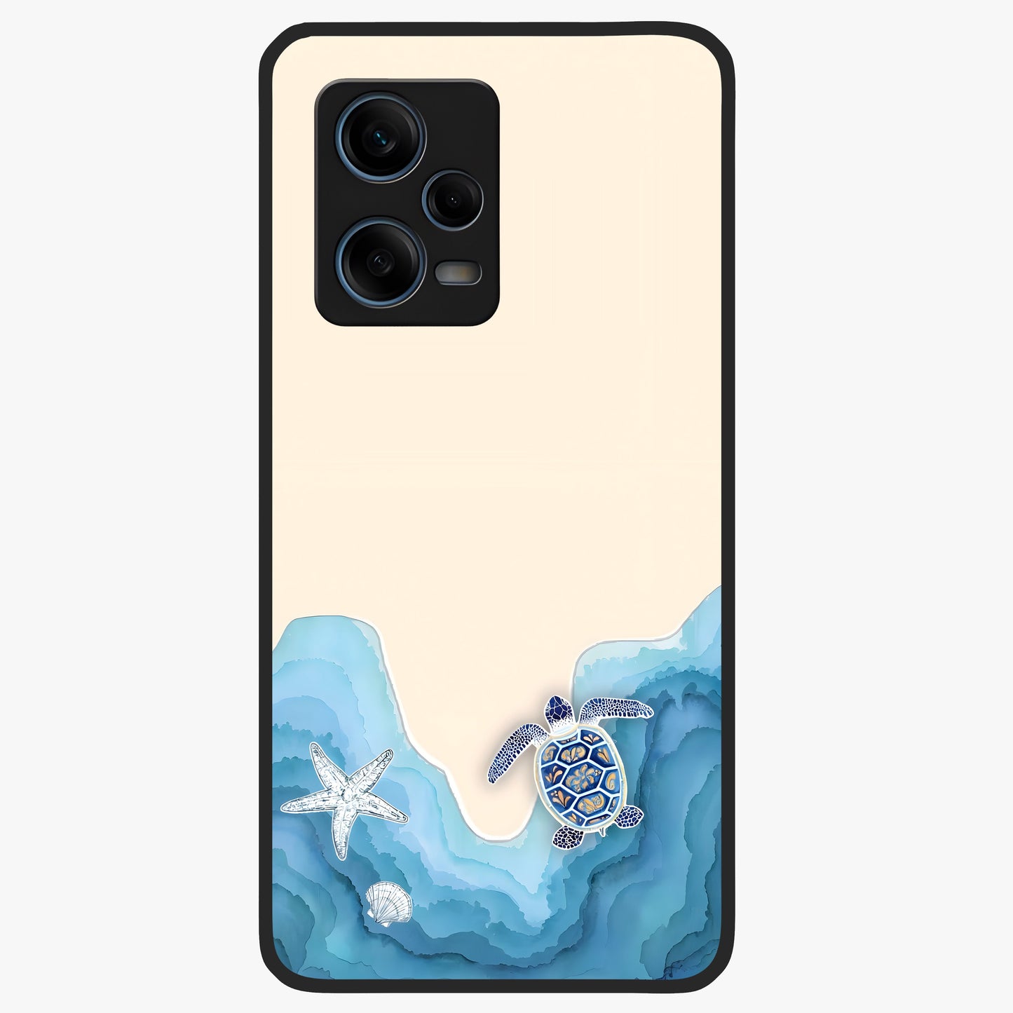 Ocean Drift Turtle Glass Case showing flat back view with sea turtle artwork and glossy glass finish.