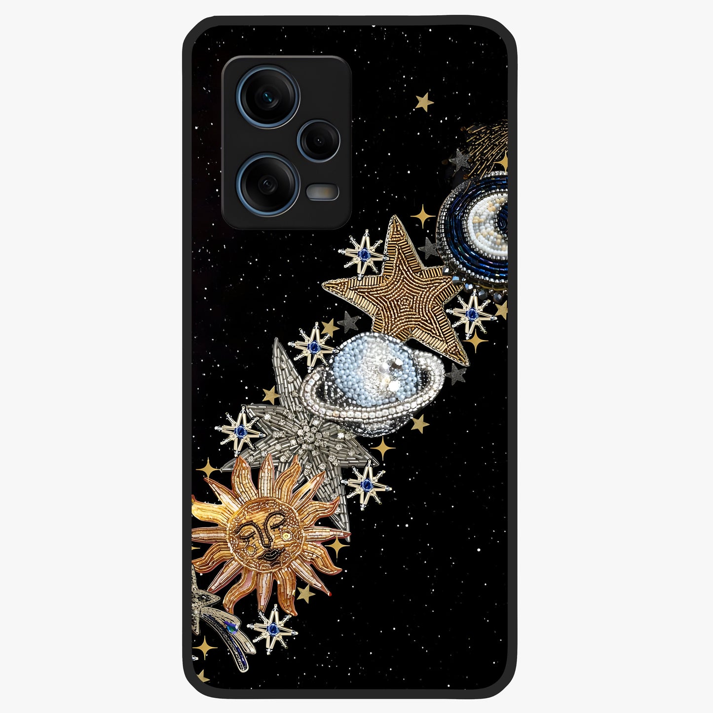 Pearls Universe Object Glass Case showing flat back view with pearl inspired cosmic artwork and glossy glass finish.