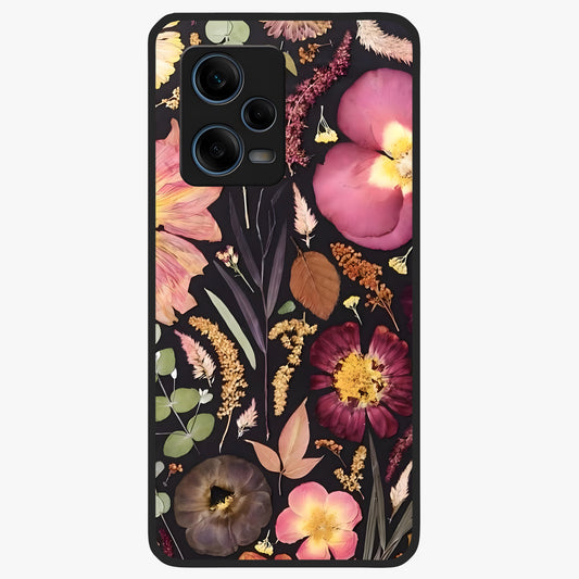 Petal Dream Tapestry Glass Case showing flat back view with intricate floral tapestry artwork and glossy glass finish.