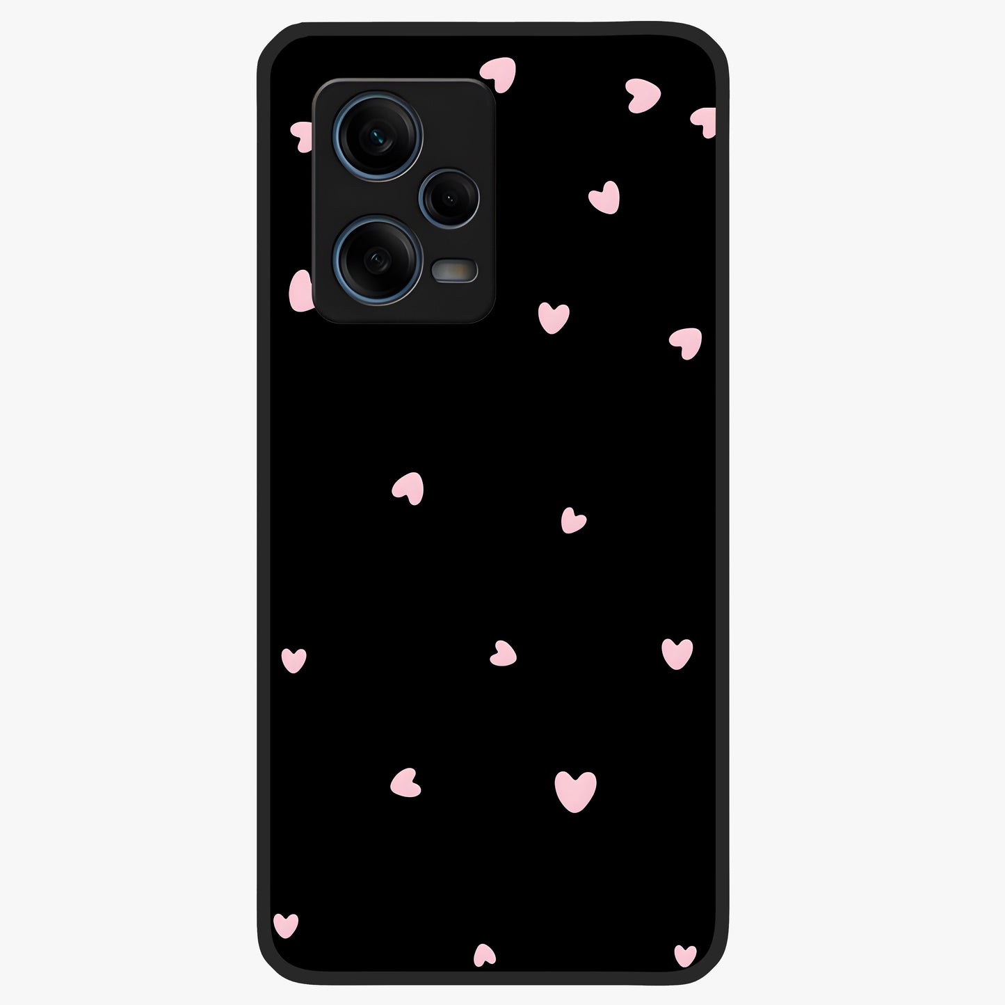 Pink Love Drops Glass Case showing flat back view with playful pink heart drops artwork and glossy glass finish.