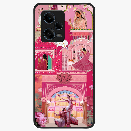 Pink Palace Muse Glass Case showing flat back view with elegant palace inspired artwork and glossy glass finish.