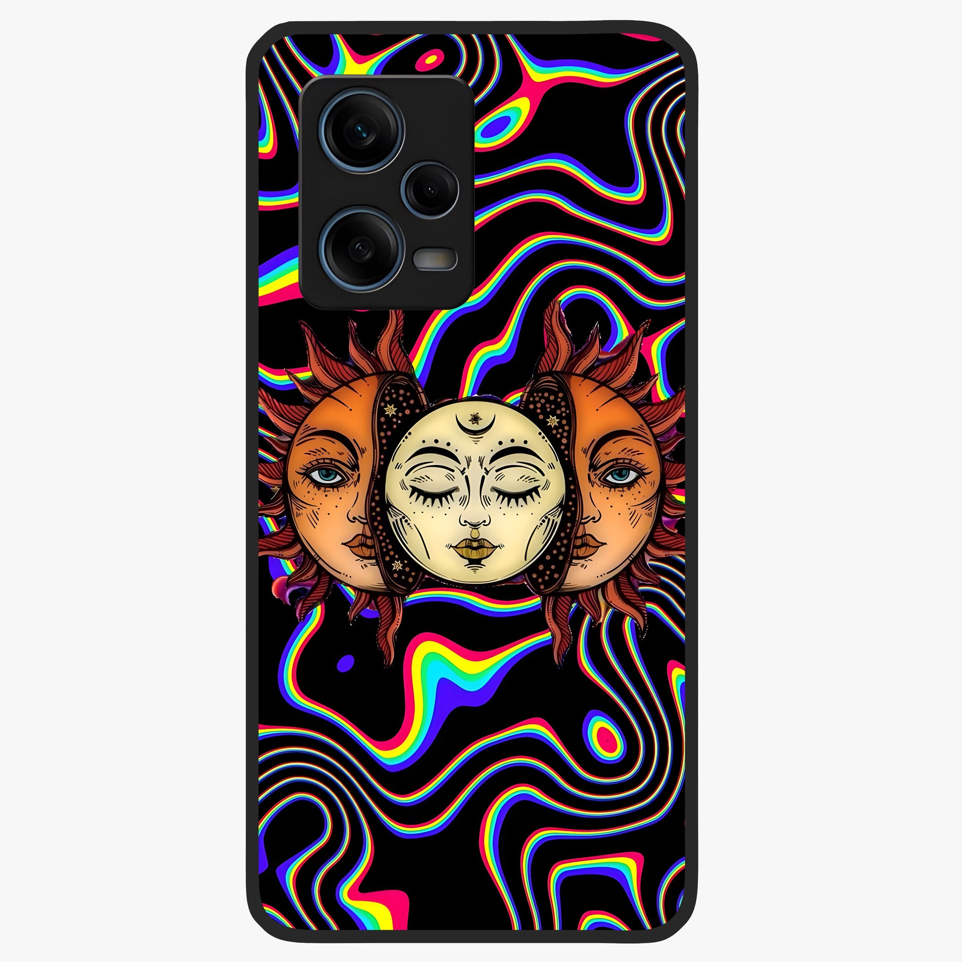Psychedelic Sun Glass Case showing flat back view with colorful psychedelic sun artwork and glossy glass finish.