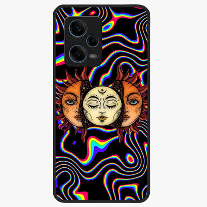 Psychedelic Sun Glass Case showing flat back view with colorful psychedelic sun artwork and glossy glass finish.