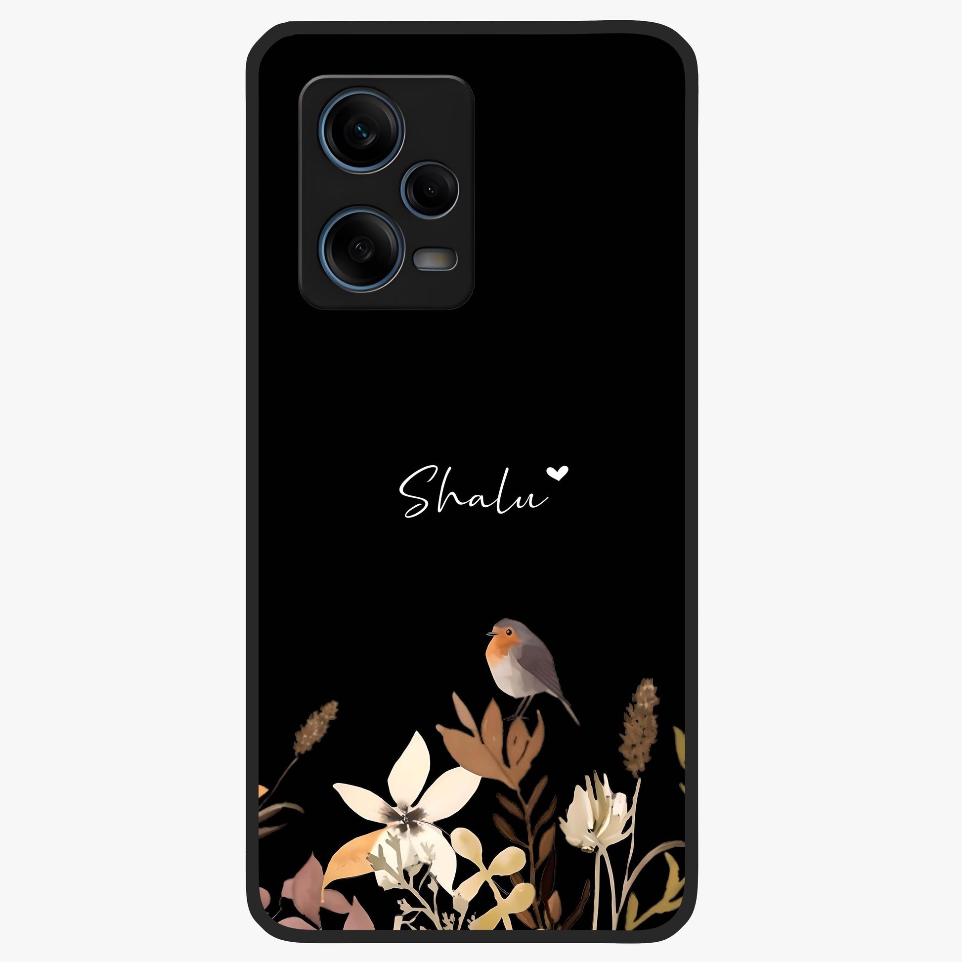 Quiet Garden Tune Custom Name Glass Case showing flat back view with peaceful garden artwork and personalized name design.
