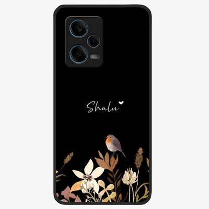 Quiet Garden Tune Custom Name Glass Case showing flat back view with peaceful garden artwork and personalized name design.