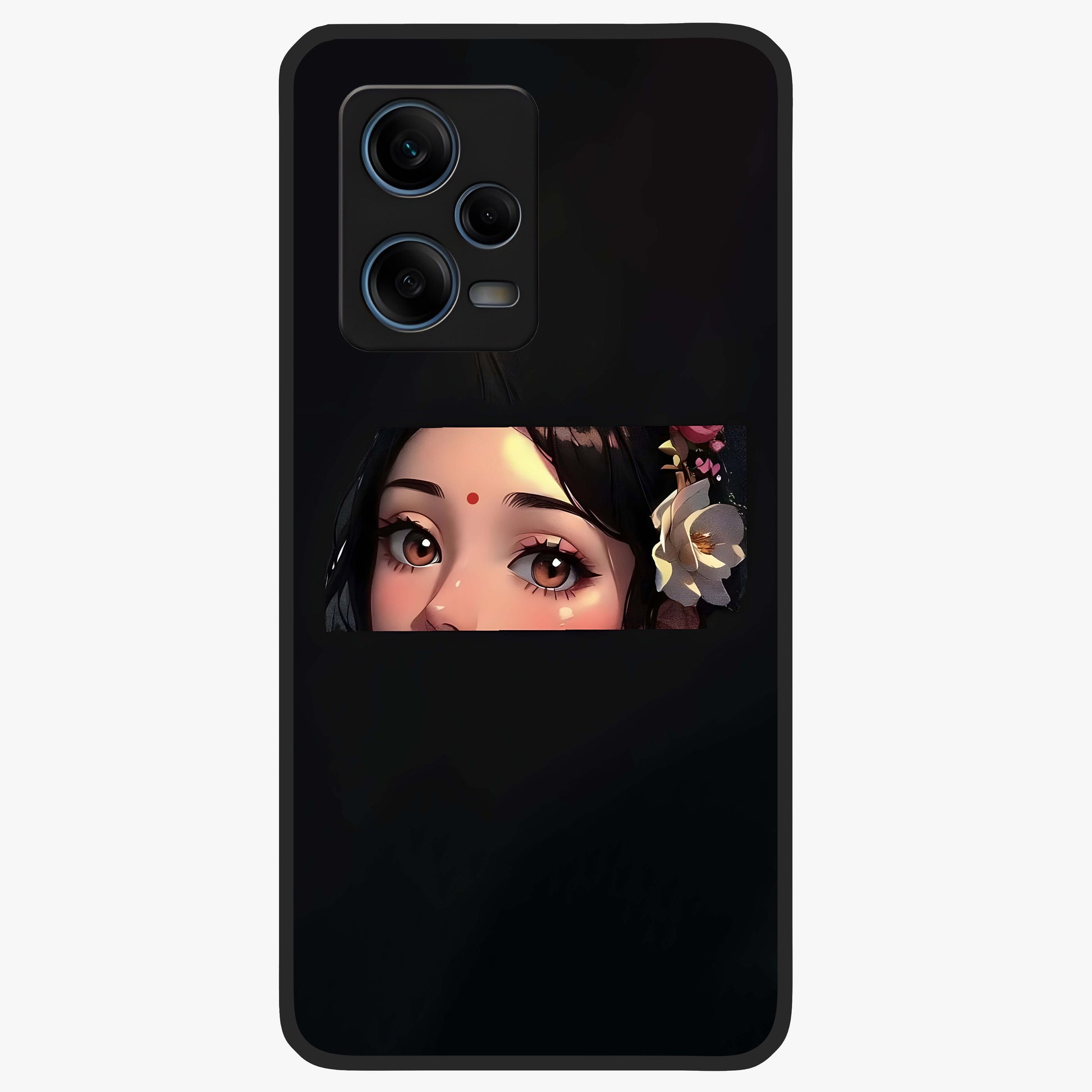 Radha Divine Embrace Glass Case showing flat back view with devotional Radha artwork and glossy glass finish.
