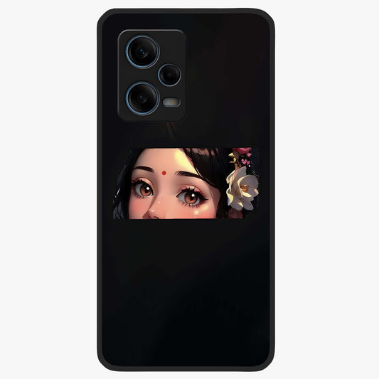 Radha Divine Embrace Glass Case showing flat back view with devotional Radha artwork and glossy glass finish.