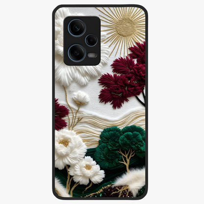 Radiant Bloom Elegance Glass Case showing flat back view with elegant blooming flower artwork and glossy glass finish.