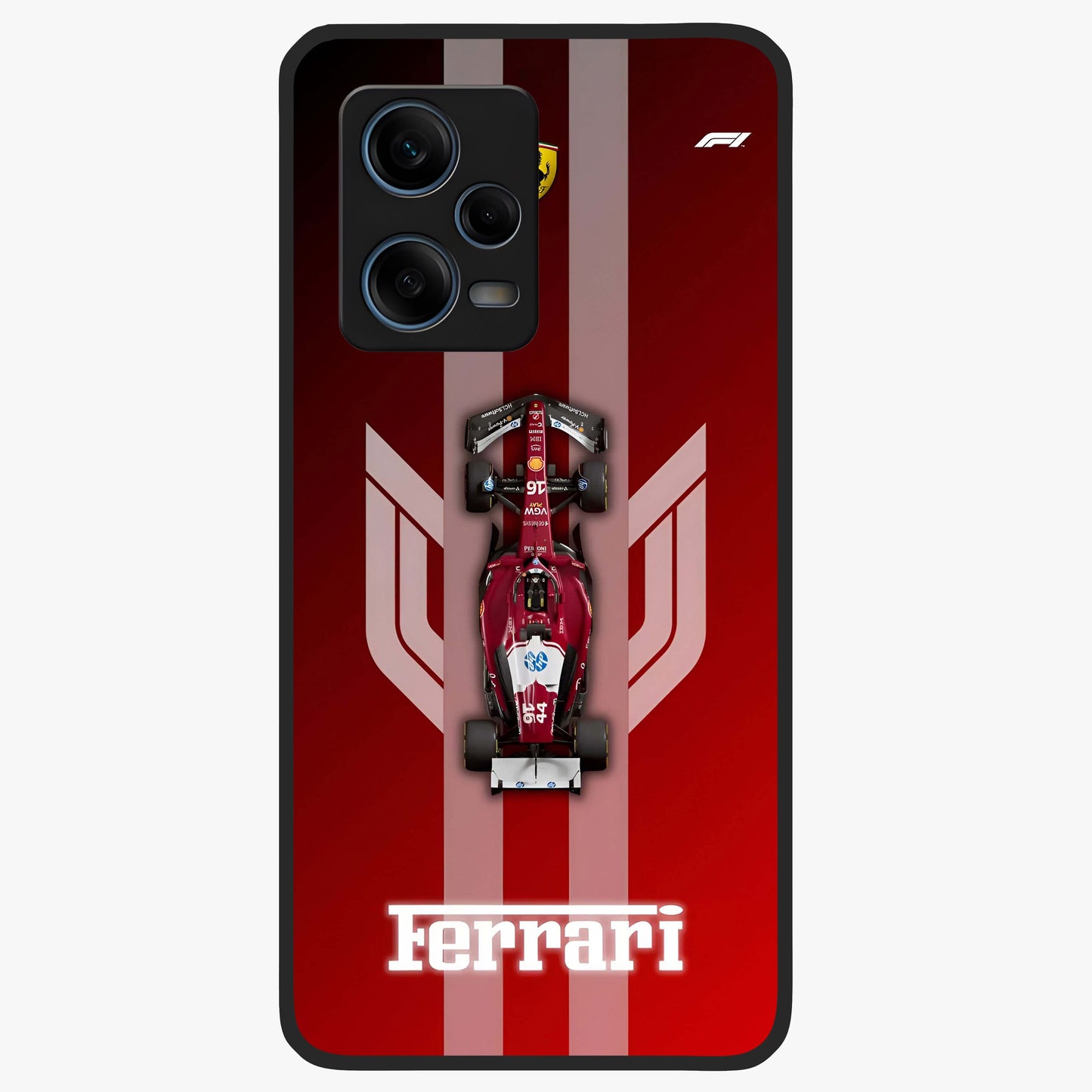 Red Ferrari F1 Vertical Glass Case showing flat back view with sleek Formula racing car artwork and glossy glass finish.
