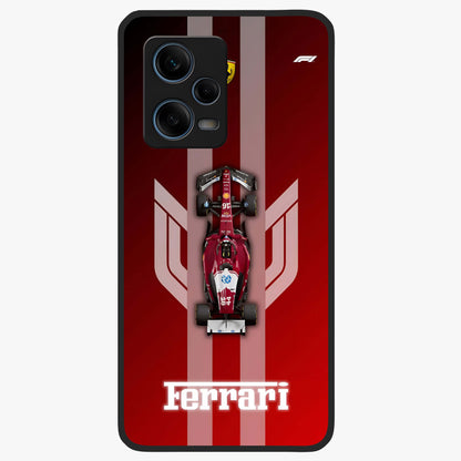 Red Ferrari F1 Vertical Glass Case showing flat back view with sleek Formula racing car artwork and glossy glass finish.