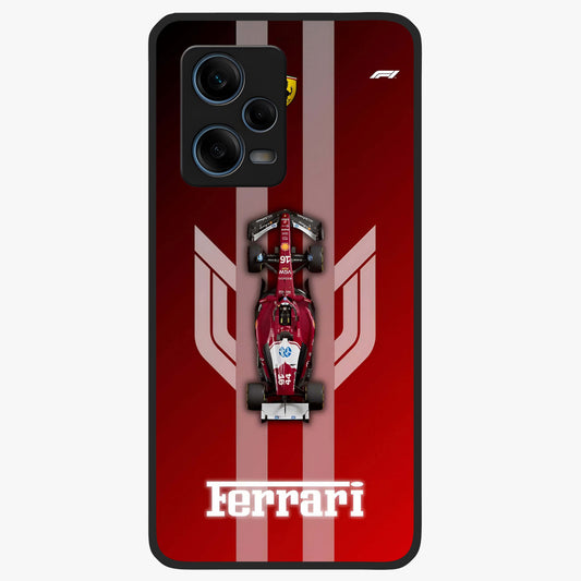 Red Ferrari F1 Vertical Glass Case showing flat back view with sleek Formula racing car artwork and glossy glass finish.