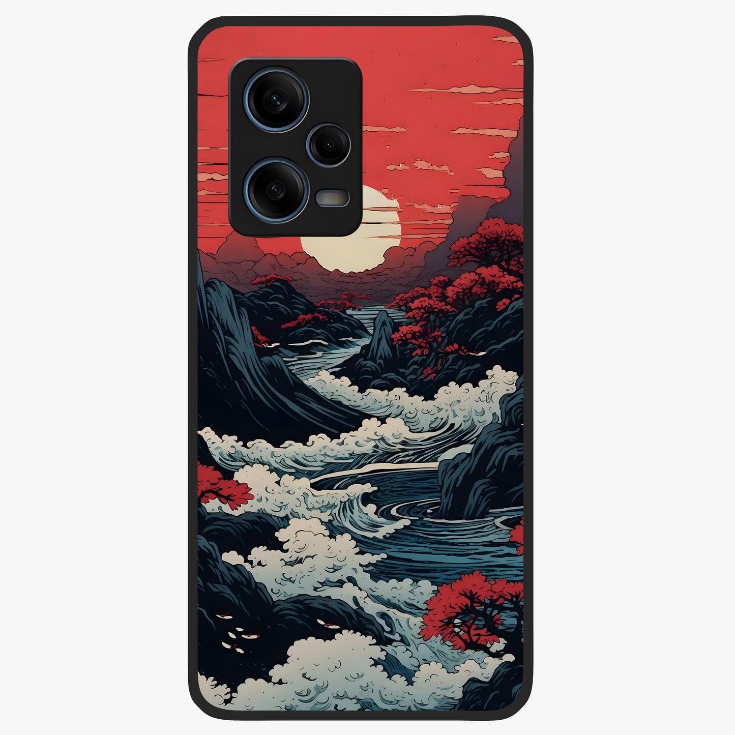 Red Sunset Scenery Glass Case showing flat back view with vibrant sunset landscape artwork and glossy glass finish.