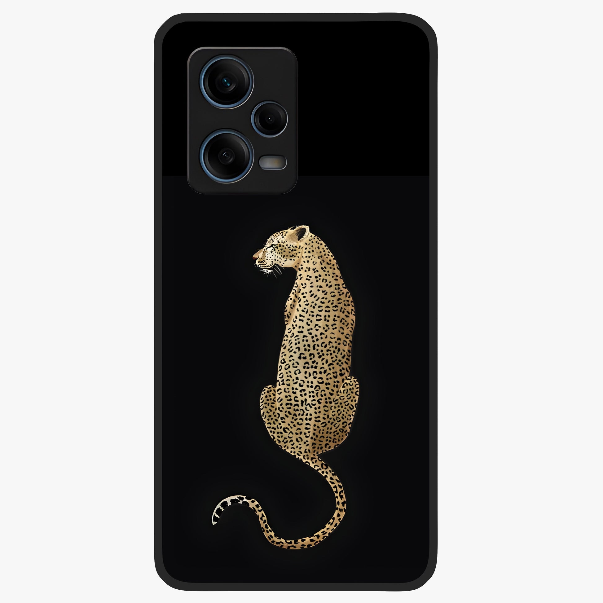 Regal Leopard Glass Case showing flat back view with bold leopard artwork and glossy glass finish.