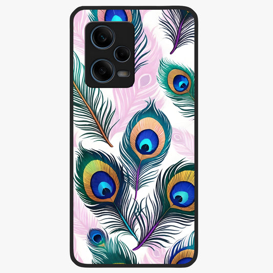 Royal Peacock Feathers Glass Case showing flat back view with colorful peacock feather artwork and glossy glass finish.