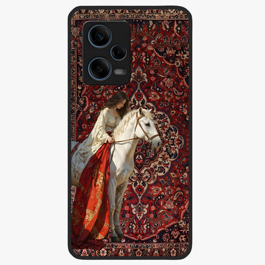 Royal Rider Tapestry Glass Case showing flat back view with majestic horse rider tapestry artwork and glossy glass finish.