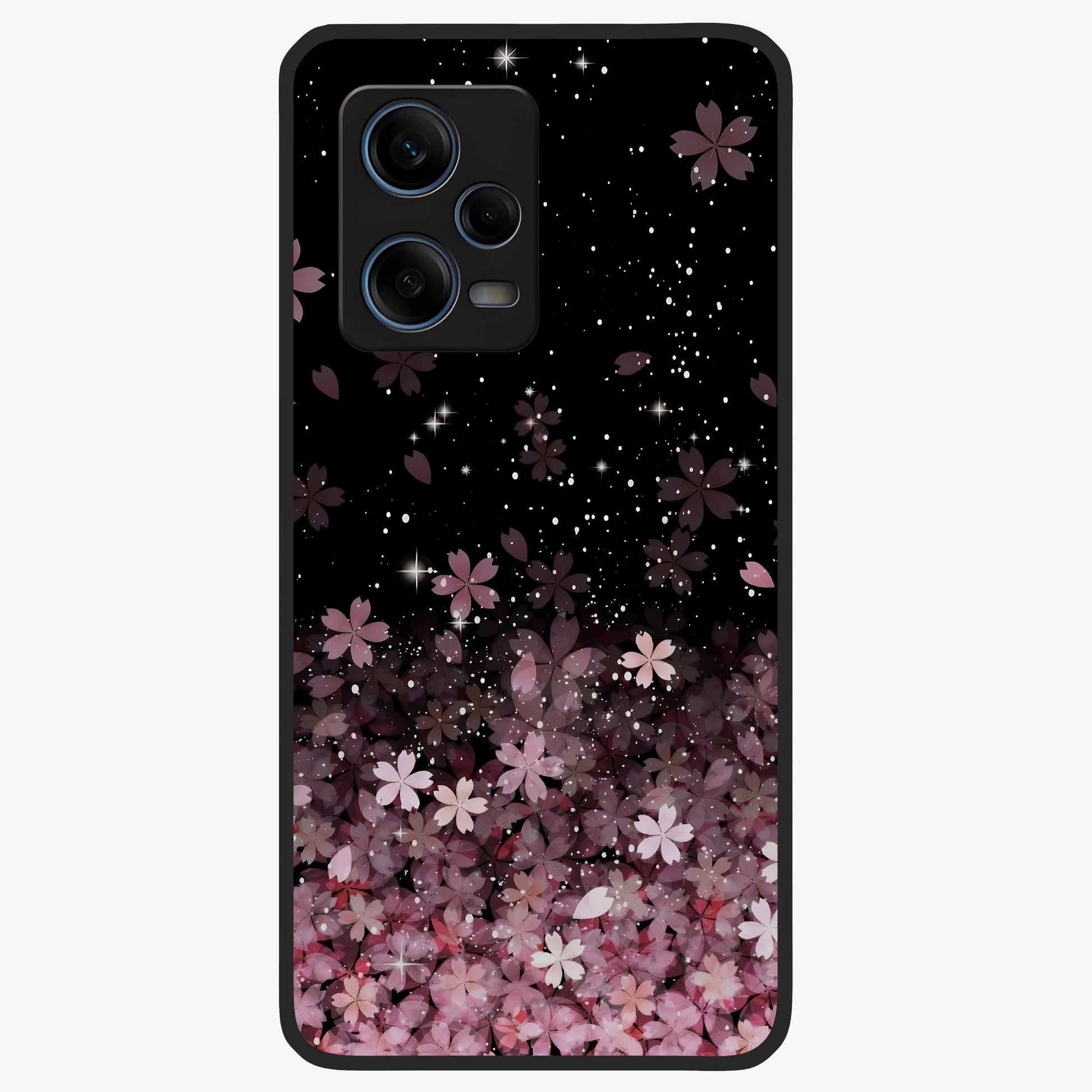 Small Starry Flowers Glass Case showing flat back view with delicate starry floral artwork and glossy glass finish.
