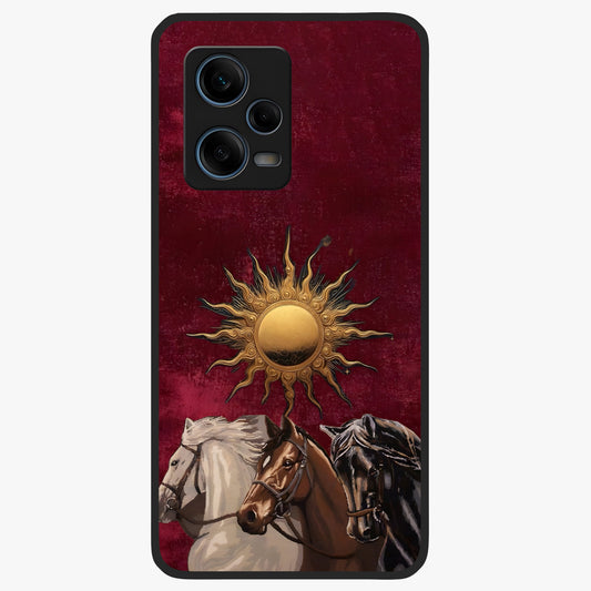 Solar Riders Glass Case showing flat back view with dynamic rider themed artwork and glossy glass finish.