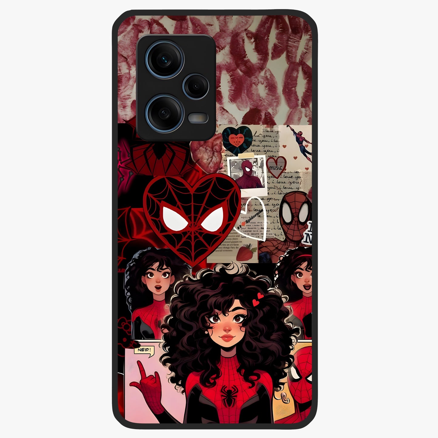 Spider Love Story Glass Case showing flat back view with romantic superhero themed artwork and glossy glass finish.