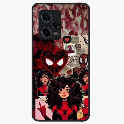 Spider Love Story Glass Case showing flat back view with romantic superhero themed artwork and glossy glass finish.