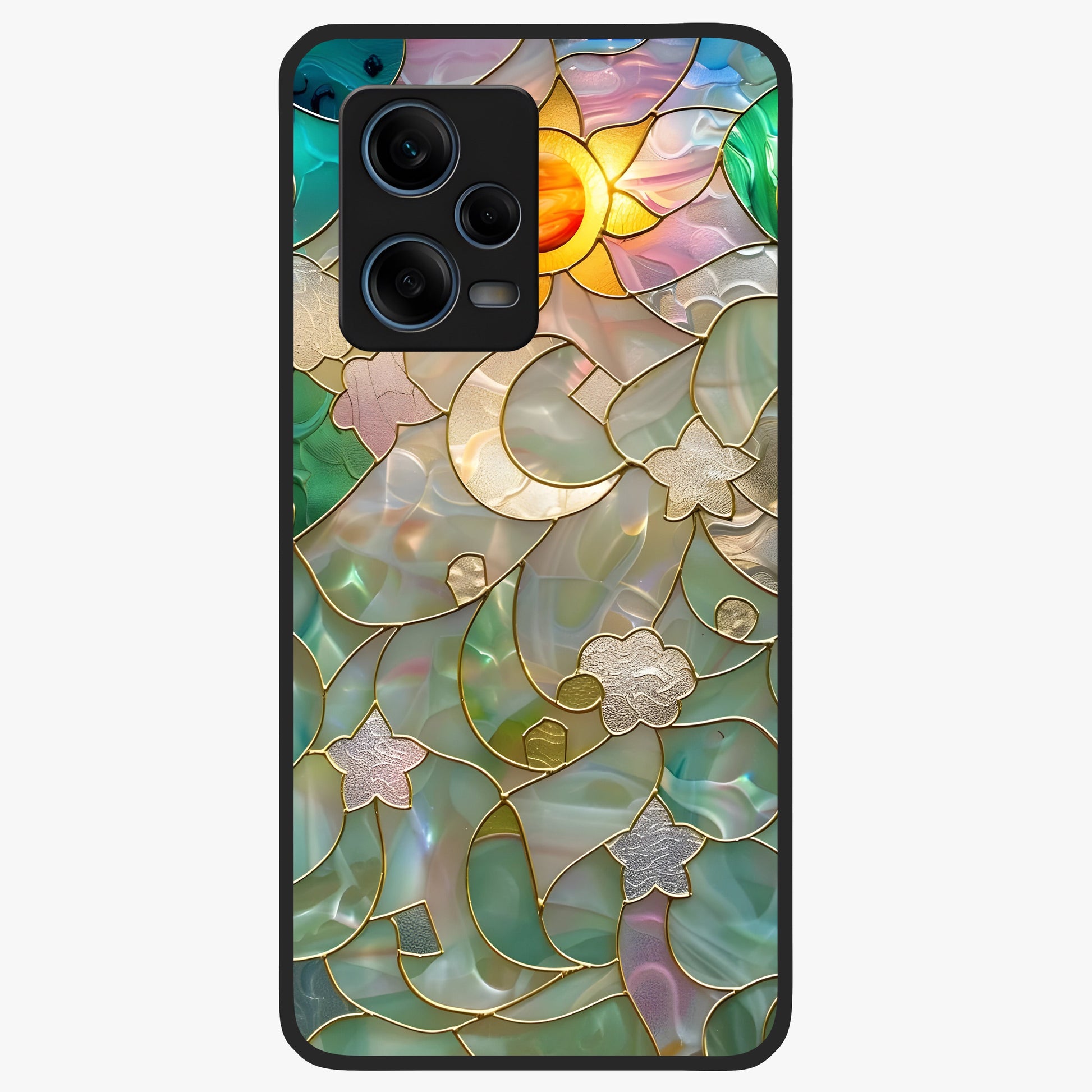Stained Sunrise Glow Glass Case showing flat back view with glowing sunrise stained pattern artwork and glossy glass finish.