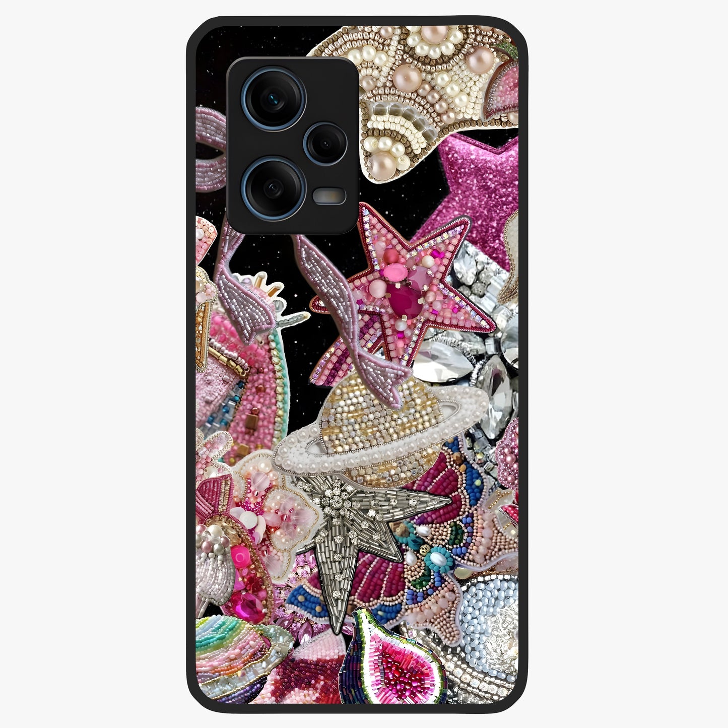 Starlit Jewel Dream Glass Case showing flat back view with sparkling jewel and star themed artwork and glossy glass finish.