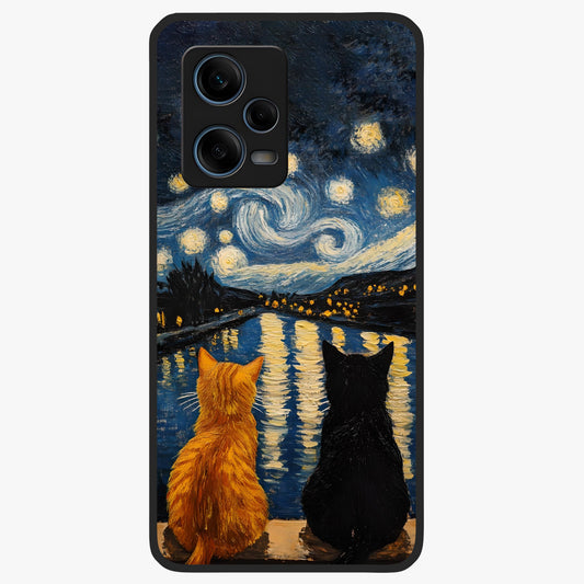 Starry River Cats Glass Case showing flat back view with cats by a starry river artwork and glossy glass finish.