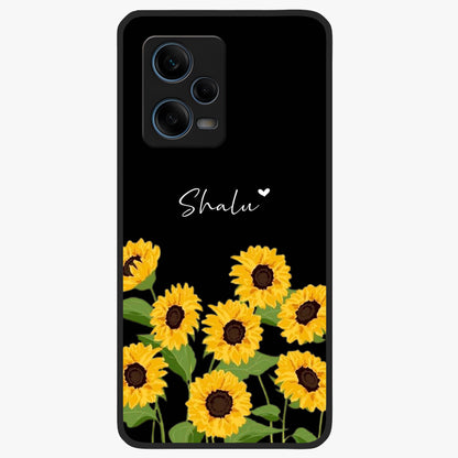 Sunflower Chic Mood Custom Name Glass Case showing flat back view with stylish sunflower artwork and personalized name design.