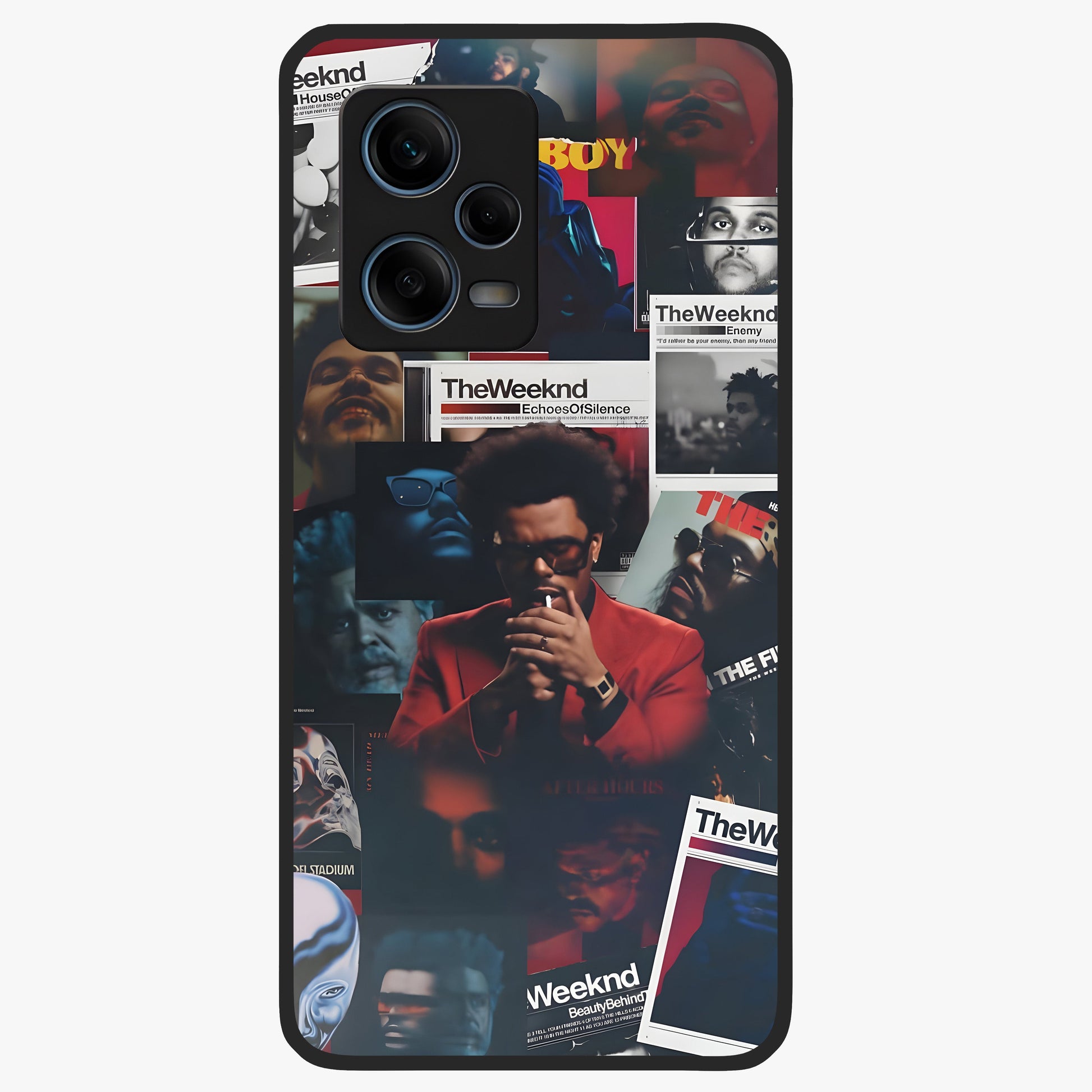 The Weeknd Glass Case showing flat back view with music inspired artistic portrait artwork and glossy glass finish.