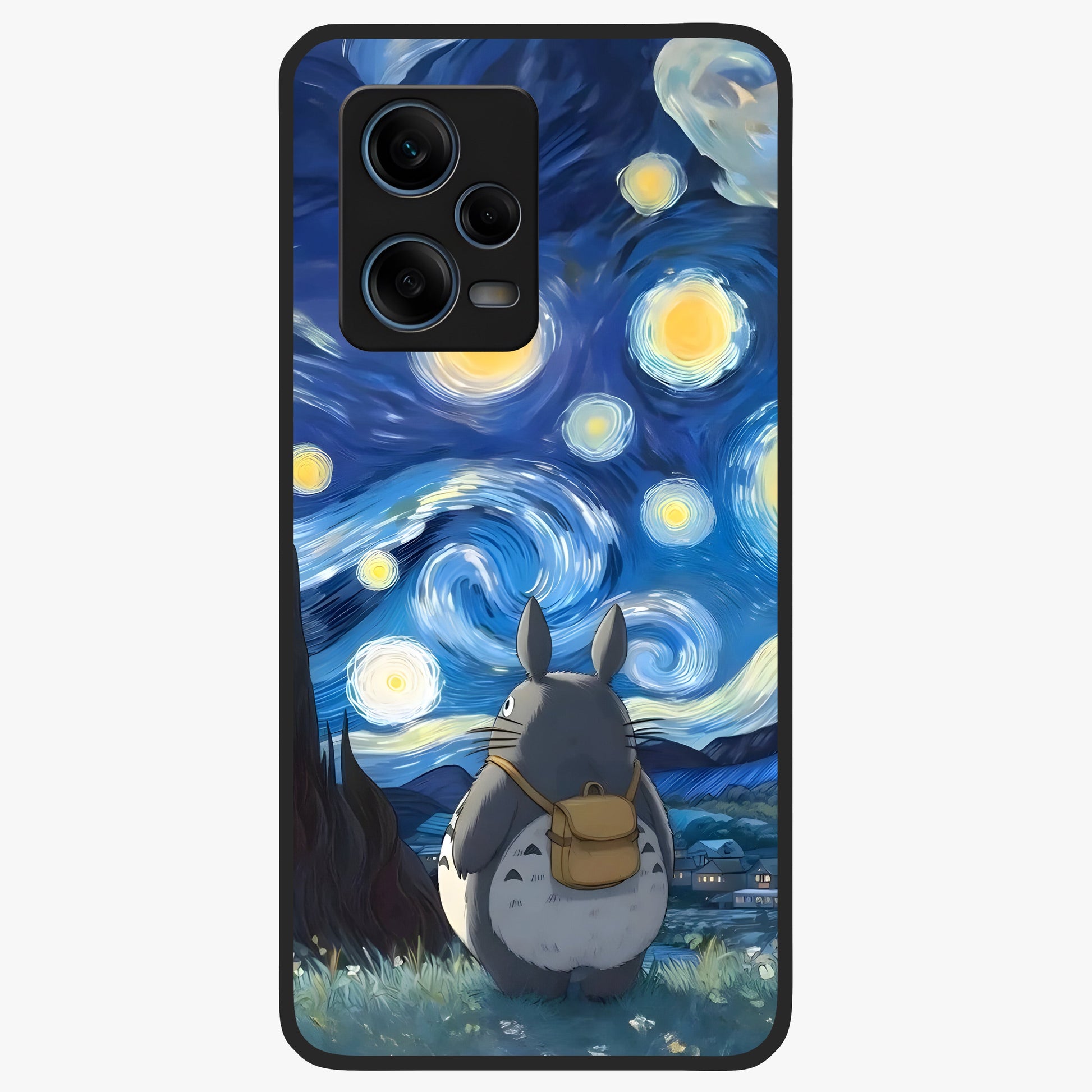Totoro In Van Gogh Art Glass Case showing flat back view with whimsical character artwork inspired by Van Gogh style and glossy glass finish.