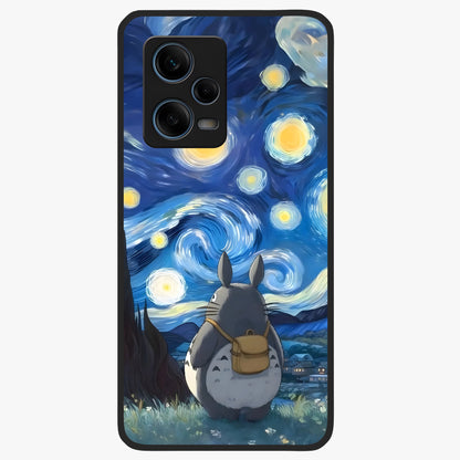 Totoro In Van Gogh Art Glass Case showing flat back view with whimsical character artwork inspired by Van Gogh style and glossy glass finish.