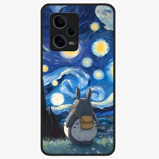 Totoro In Van Gogh Art Glass Case showing flat back view with whimsical character artwork inspired by Van Gogh style and glossy glass finish.