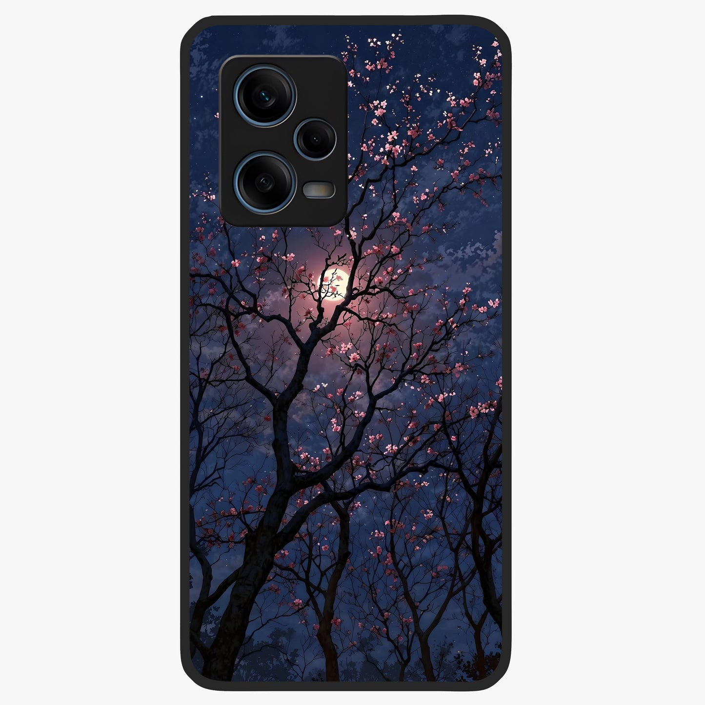 Twilight Sakura Serenade Glass Case showing flat back view with cherry blossom artwork at twilight and glossy glass finish.