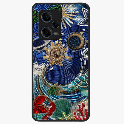 Universe Underwater Spark Glass Case showing flat back view with cosmic underwater themed artwork and glossy glass finish.