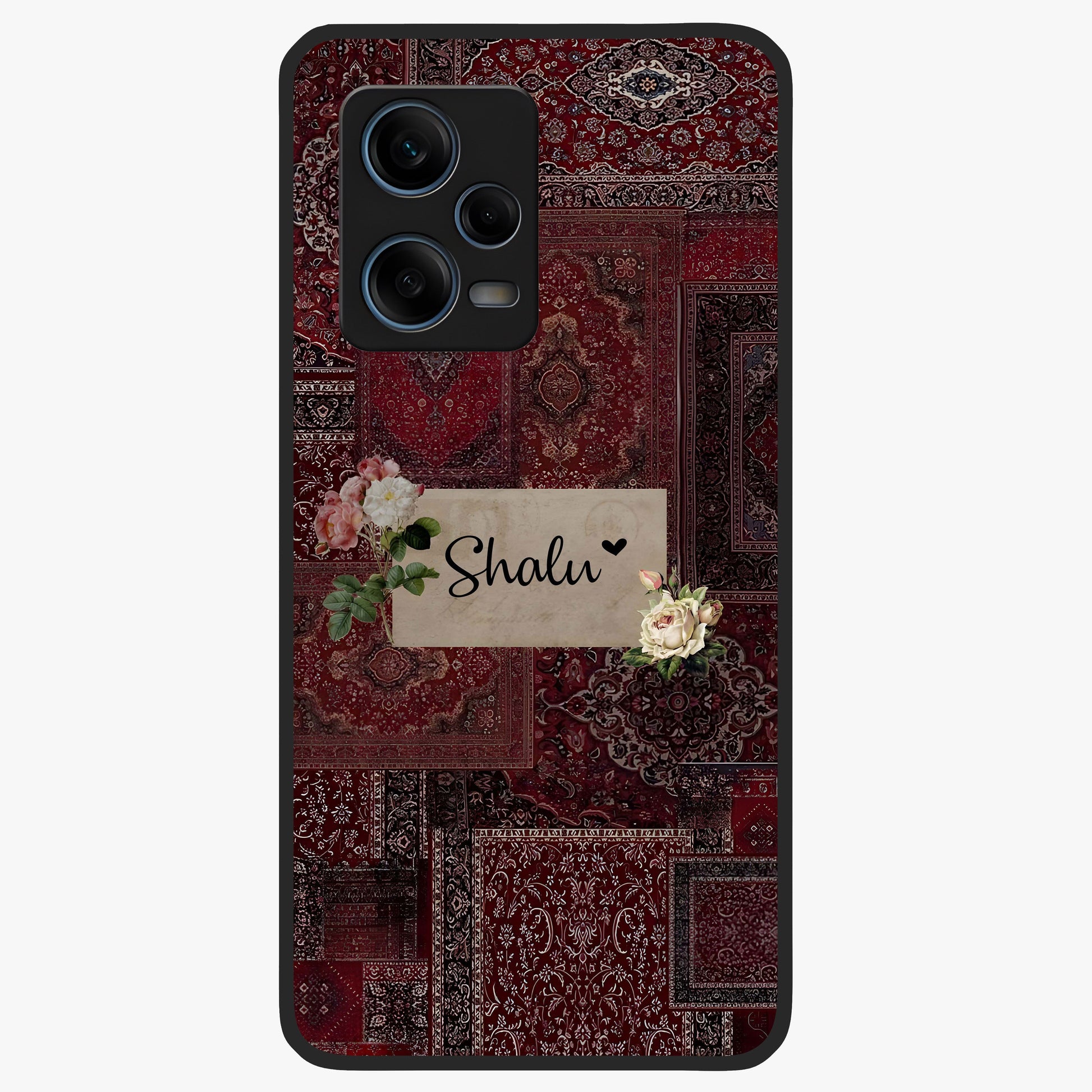 Velvet Wine Pattern Custom Name Glass Case showing flat back view with elegant wine colored pattern artwork and personalized name design.