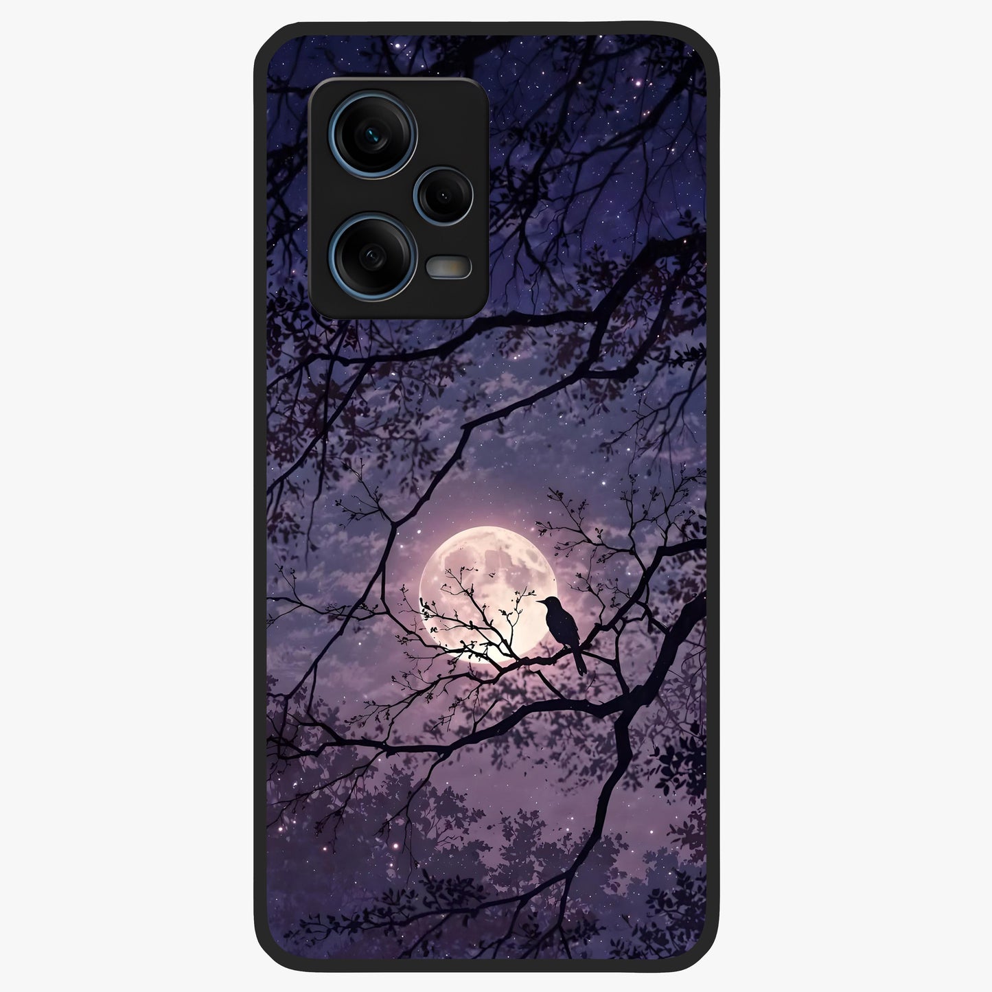 Whispering Moon Silence Glass Case showing flat back view with serene moon themed artwork and glossy glass finish.