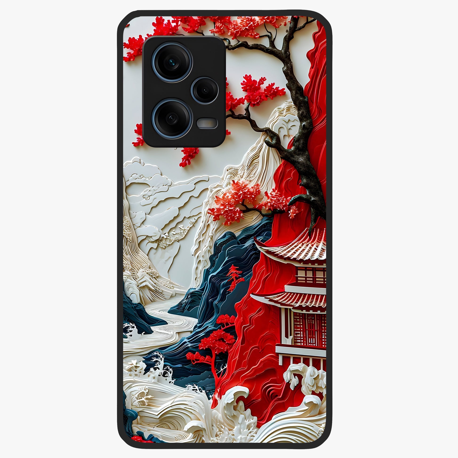 Whispers Of Sakura Waves Glass Case showing flat back view with cherry blossom wave artwork and glossy glass finish.