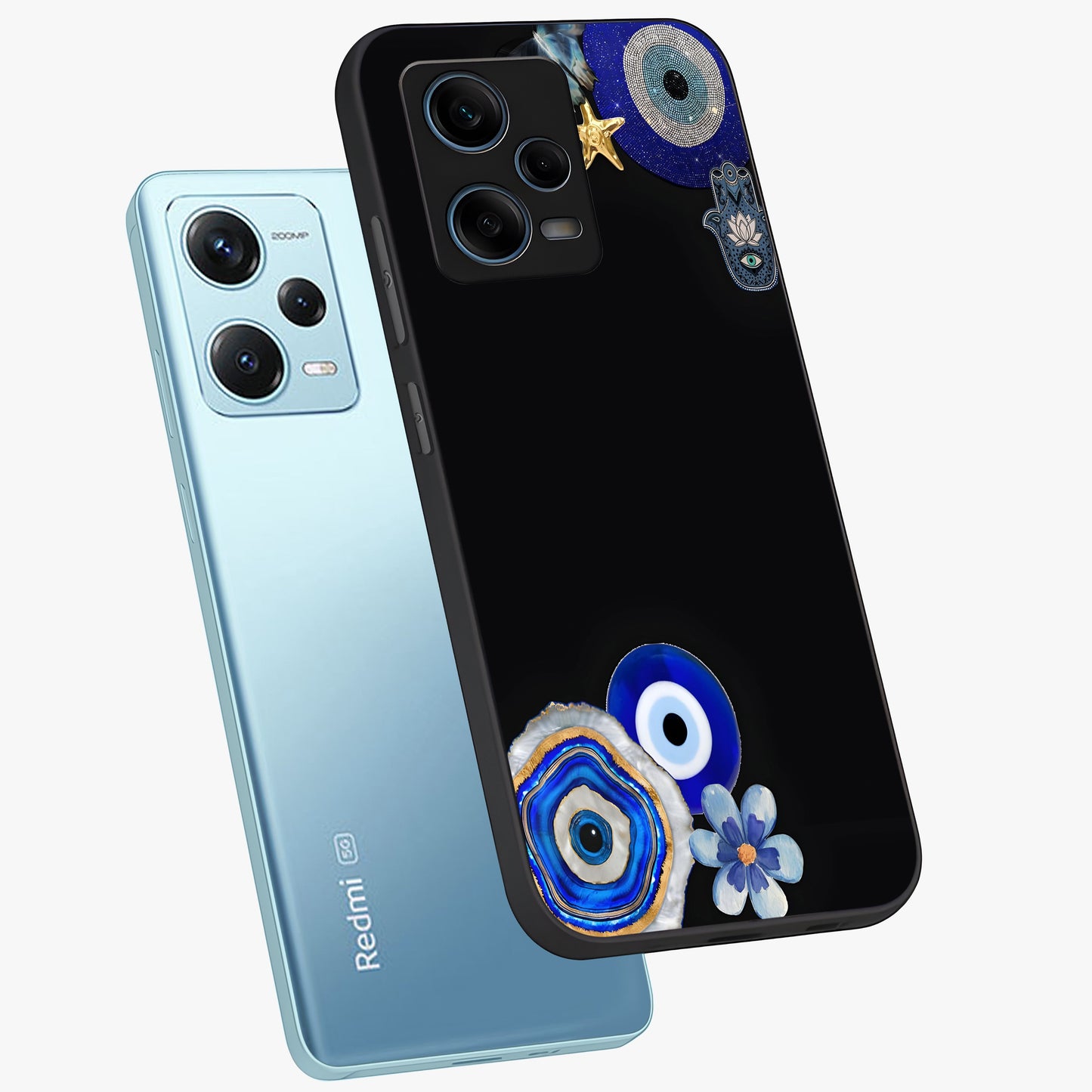 Aesthetic Blue Evil Eye Glass Case displayed in angled mockup highlighting blue evil eye symbol and spiritual aesthetic design.