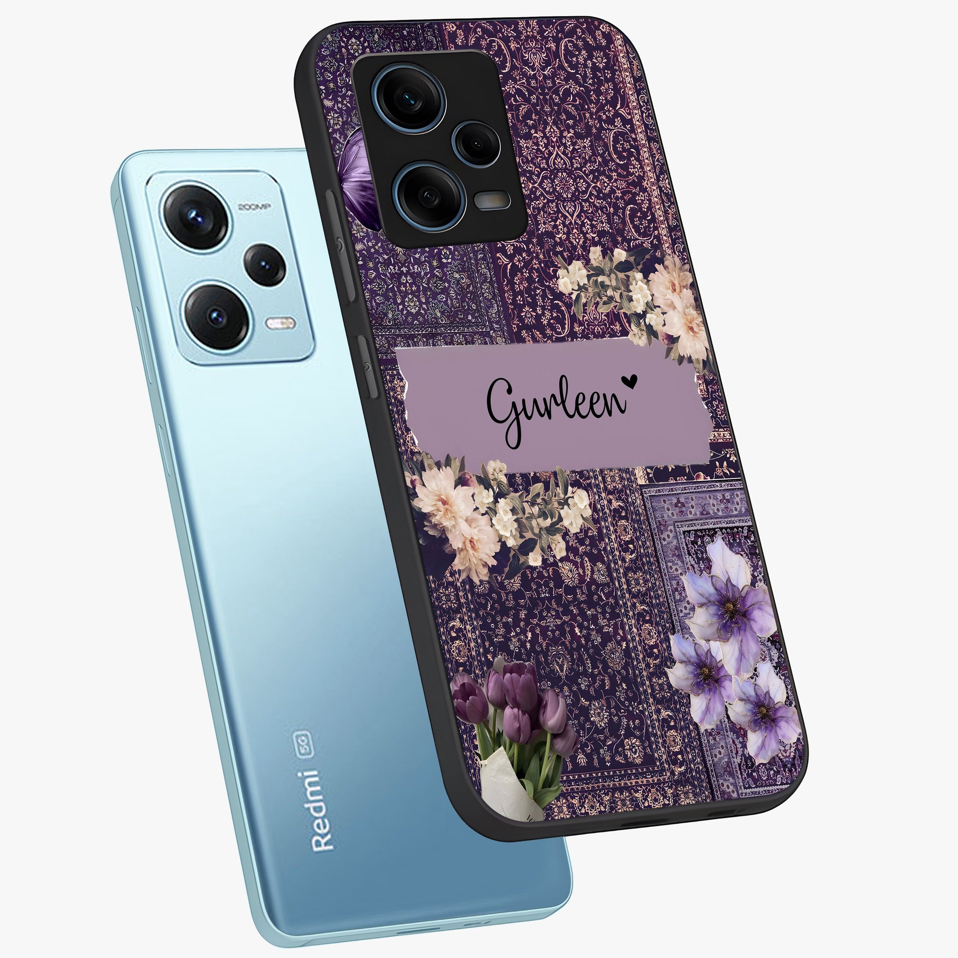 Antique Floral Whisper Custom Name Glass Case displayed in angled mockup highlighting elegant antique floral aesthetic.