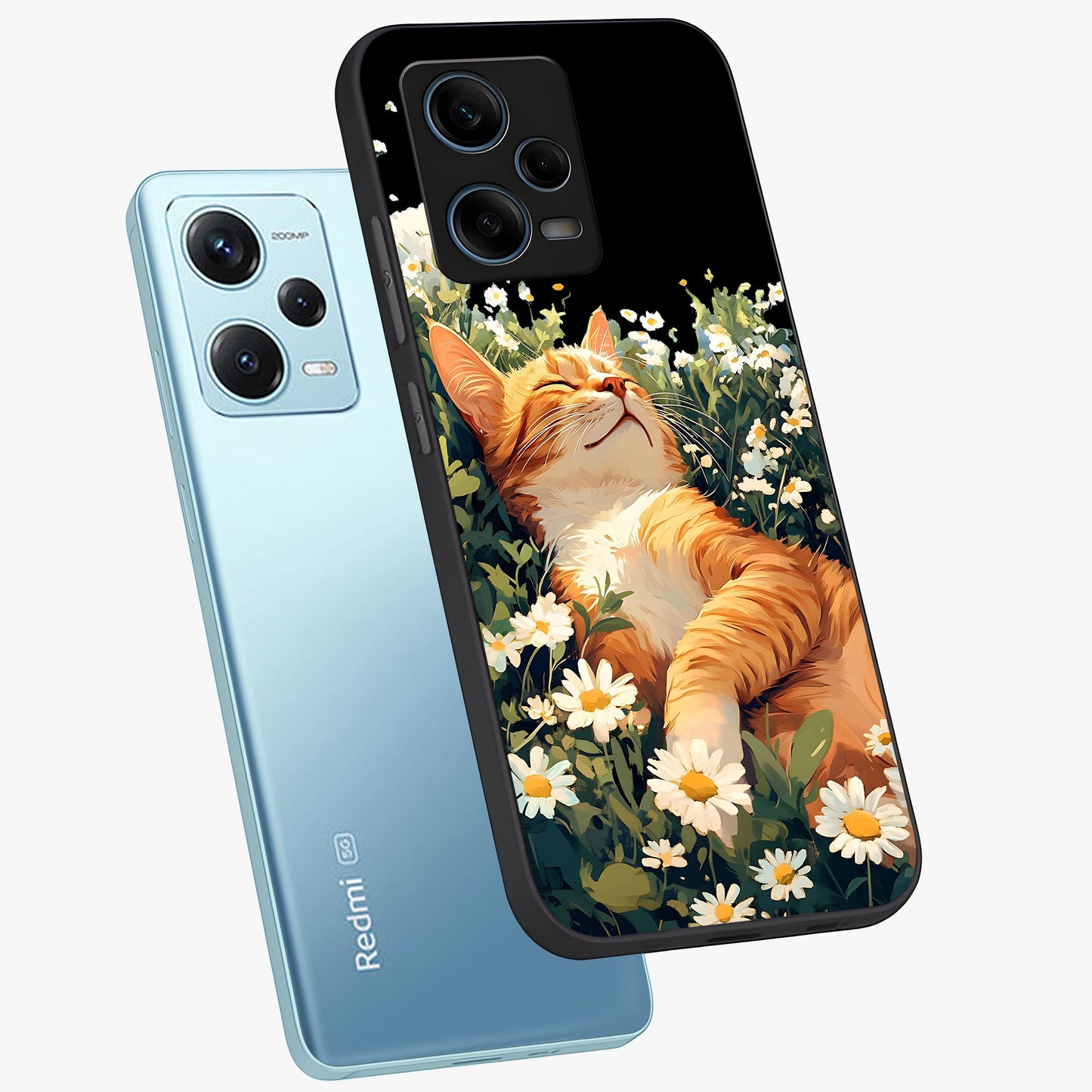 Blissful Bloom Cat Glass Case displayed in angled mockup highlighting playful feline illustration with soft floral aesthetic.