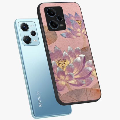 Blossom Mist Lotus Glass Case displayed in angled mockup highlighting delicate lotus illustration with calm aesthetic theme.
