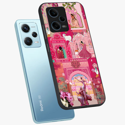 Blossoms of Rajasthan Glass Case displayed in angled mockup highlighting vibrant floral pattern with cultural aesthetic style.