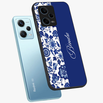 Blue Vintage Floral Pattern Glass Case displayed in angled mockup highlighting subtle bloom pattern with aesthetic pastel design.